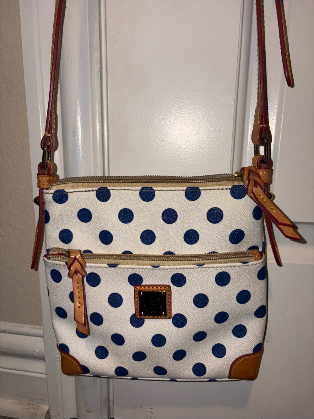 Dooney & Bourke White Navy Polka Dot Crossbody with Tan Trim
